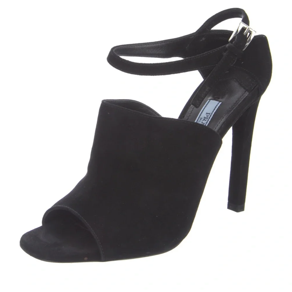 PRADA ankle strap black suede heels sandals with box, bag, and extra tips. - Picture 2 of 11
